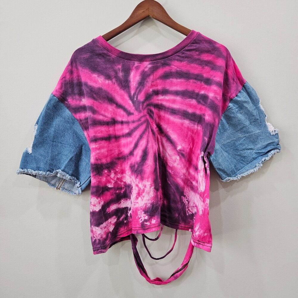 Womens Y2K Tie Dye Distressed Jean T-Shirt Plus Size 3X Pink Blue Cropped Boho